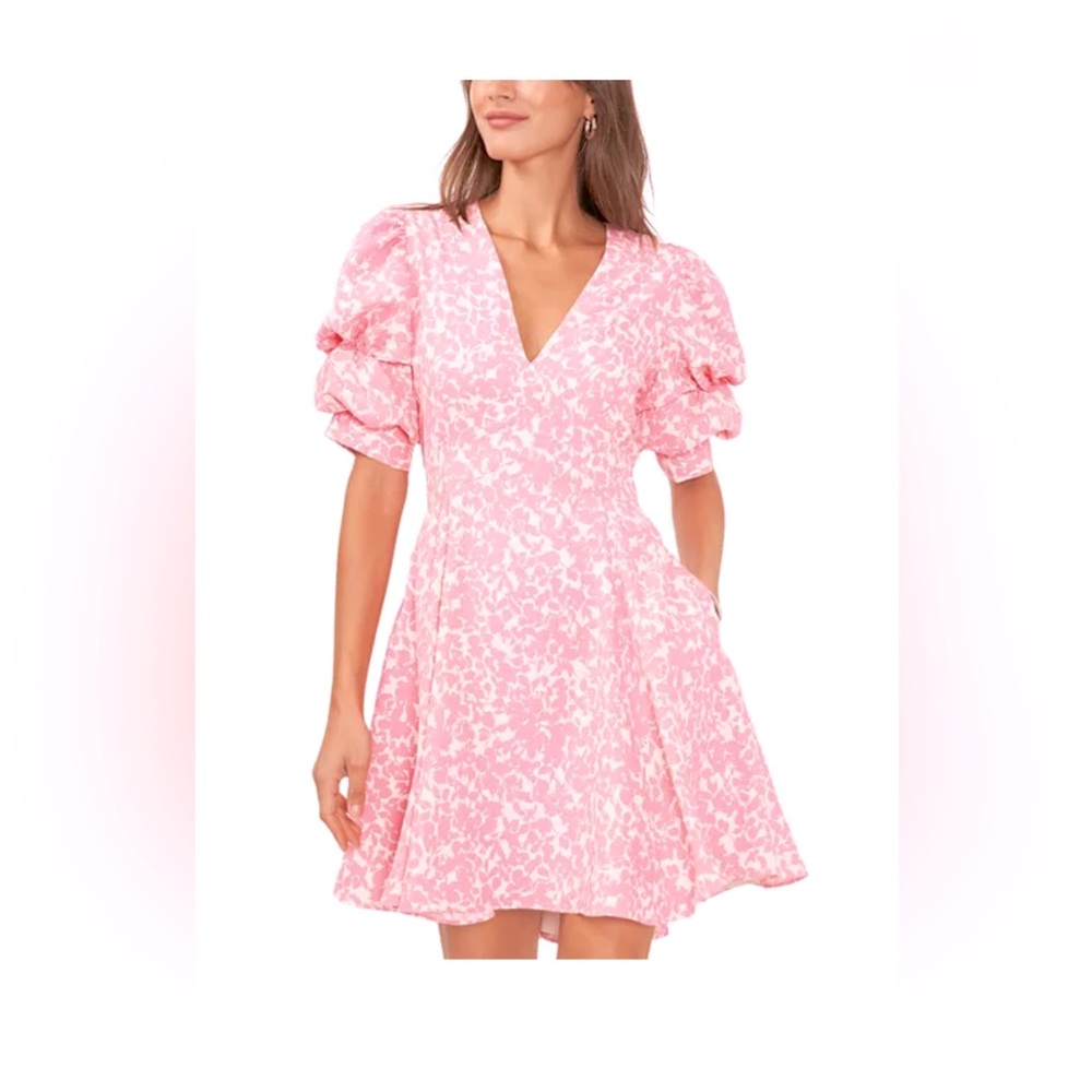 1-State Leaf Cascade Print Short Puffed Sleeve V-Neck Mini Dress